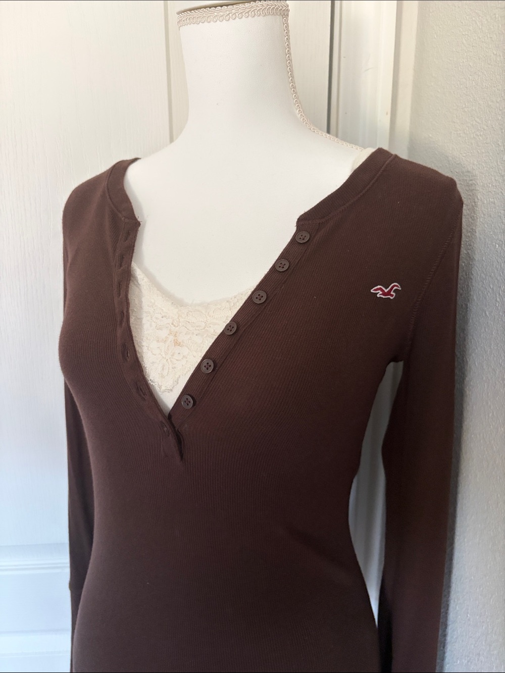 Hollister y2k Womenβs Brown Long-Sleeve Henley Top